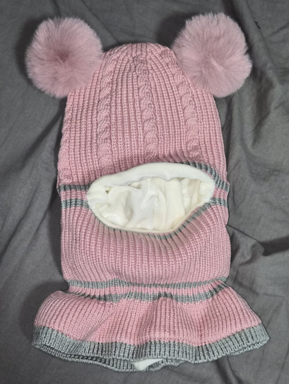 Pink Knit Pom-Pom Balaclava Hat